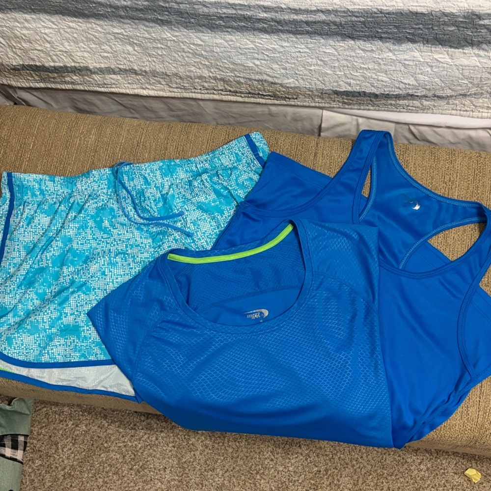Blue and Green Athletic Tank Top, Tshirt, Shorts